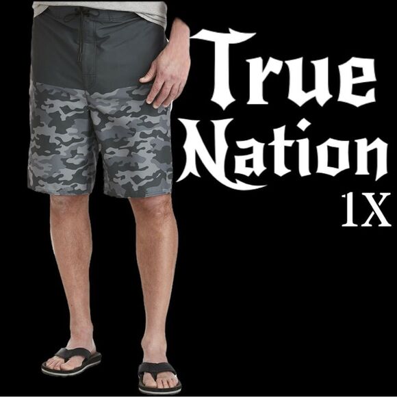 True Nation by DXL Big and Tall Watercolor Colorblock Swim Trunks, Grey, 1XL - Picture 1 of 9